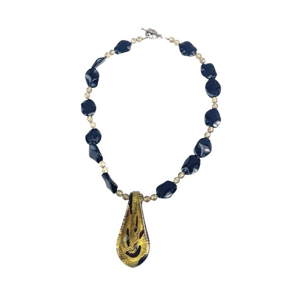 Murano Style Art Glass Pendant Necklace Black Beads Gold Foil Chunky Statement - Picture 2 of 6